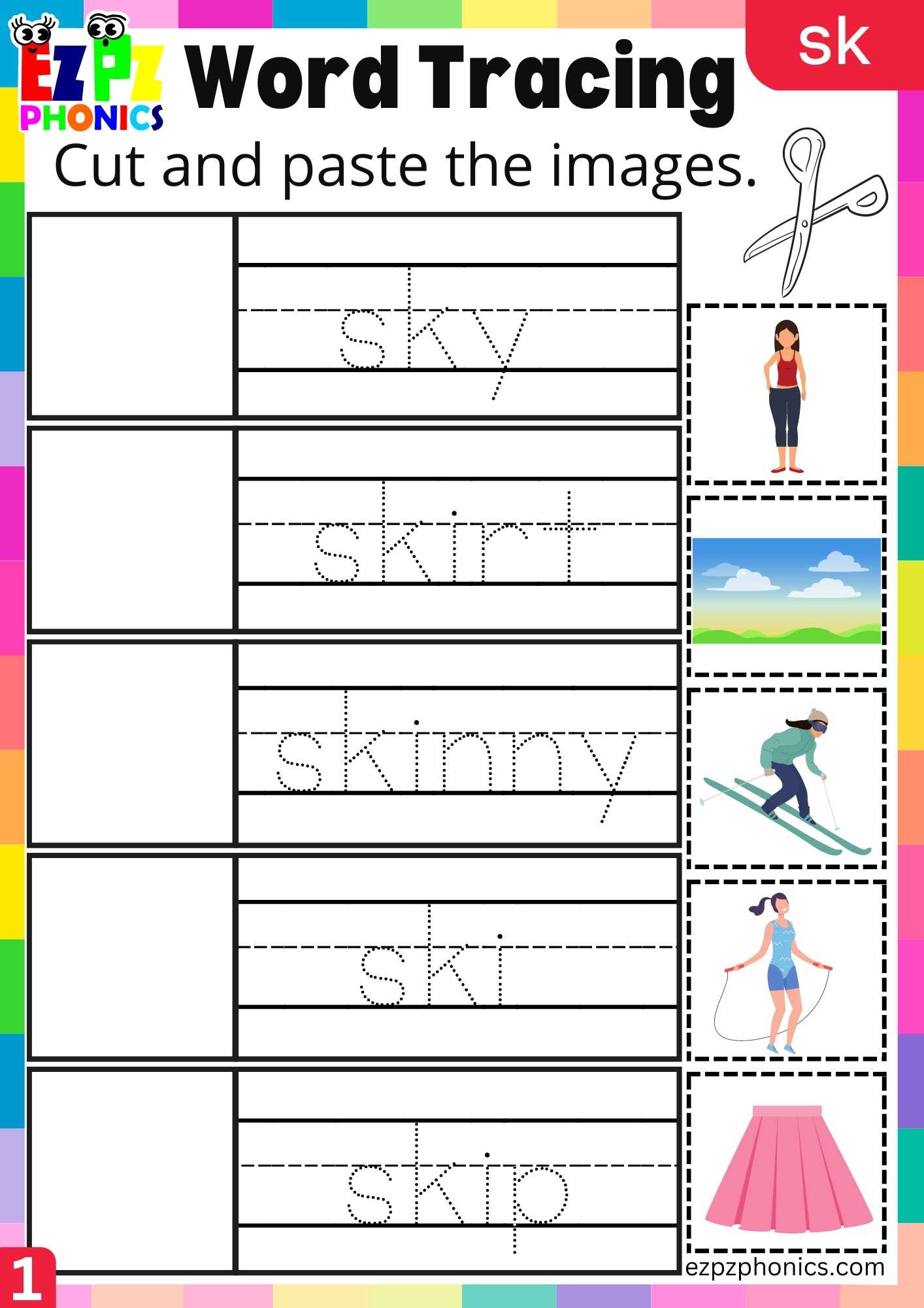 Group1 SK Words Cut And Paste The Images Phonics Consonant Blends Worksheet